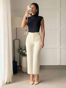 女士优雅白色锥形裤，饰有拉链和纽扣，无弹力，优雅经典的夏季裤装款式，白色七分裤，优雅白色长裤 - 白色 - 查看 1