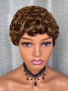 Glueless Blended Hair Perücke mit natürlichen braunen Highlights, lockige Welle, Pixie-Schnitt, glueless und ohne Spitze, 150% Dichte, kurzes Haar für den täglichen Gebrauch, Cosplay & Partys - Geeignet für alle - S4/27 - Übersicht 5