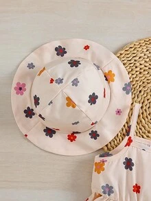 2pcs Baby Girl Summer Casual Floral Print Dress + Hat Set - Multicolor - View 3