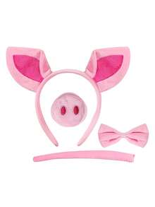 动物主题服装套装，包括带耳朵的头箍、鼻子、尾巴和领结，小猪图案 - 彩色 - 查看 8
