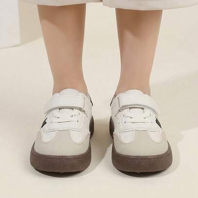 Tenis deportivos de entrenamiento retro para niños, diseño de rayas de contraste con cierre adhesivo ajustable y suela de goma gruesa, material de PU resistente con suela antideslizante cómoda para uso diario escuela y actividades al aire libre