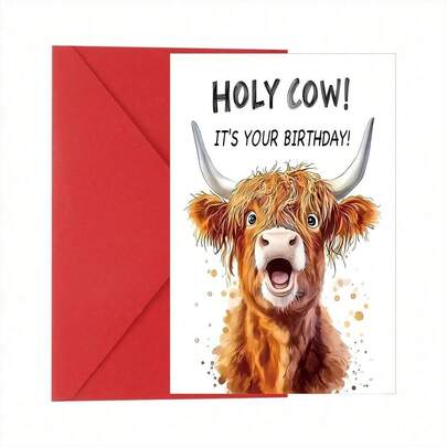 2Pcs Funny Highland Cow Birthday & Christmas Greeting Cards, Humorous "Holy Cow!" Design, Premium Soft Cardstock, Farm Animal Lover Gifts For Him/Her, Friends & Family