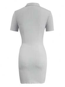 LovelyWholesale Đầm ôm sát cổ chữ V dệt kim gân dành cho nữ, màu trơn, trang phục thường ngày thanh lịch cho mùa xuân và mùa hè. - Xám - Xem 8