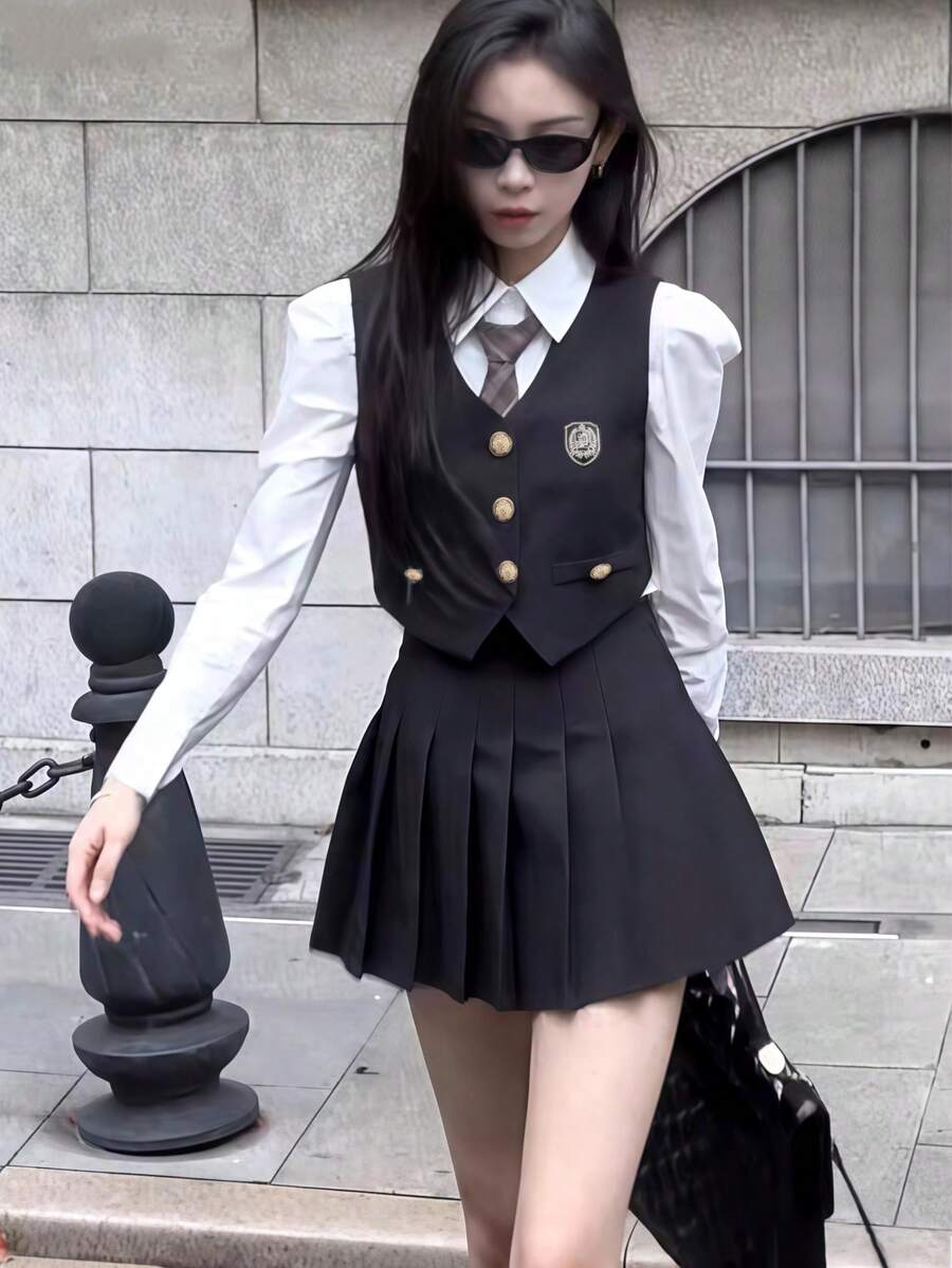 1PC Vintage American British Romantic Campus Role Play Style Black Suit Vest + Top + Pleated Skirt + Tie 4-Piece Set Women JK Uniform, Suitable For Costume Party, Role Play, Club Outfit, Campus Photo, Afternoon Tea, Date, Music Festival - Multicolor - View 1