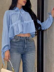 Women's Elegant Casual Shirt, Irregular Design, Lapel Tie Lantern Sleeve Loose Shirt, Solid Color Woven Fabric Pleated Hem, Elegant For Daily, Date, Vacation, Spring/Summer - Sky Blue - View 7