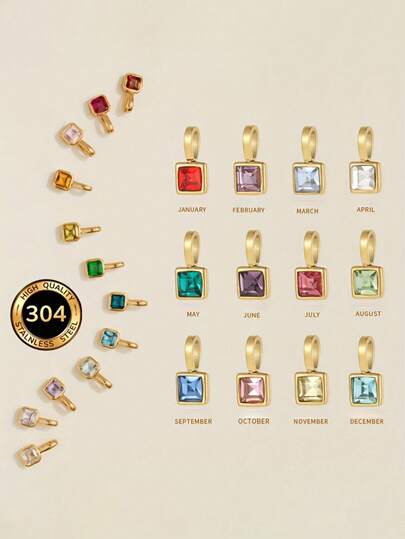 1件不锈钢方形立方氧化锆吊坠，18K镀金，生日石项链DIY配件，适合日常、派对和正式场合佩戴