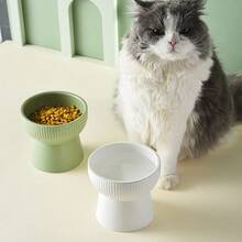 1pc Ceramic Raised Cat Bowl, Pet Bowl With Neck Support, Flat Rim Design To Prevent Vomiting And Chin Acne - 300ml - View 1