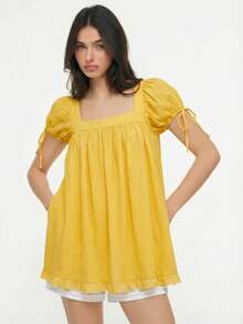 Short Sleeve Maternity Dress For Women Square Neck A-Line Mini Ruffled Dresses For Daily Shopping Office Travel - 淺黃 - 查看 4