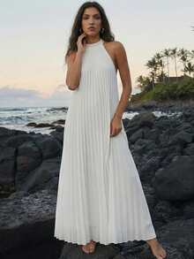 无袖褶皱宽松休闲连衣裙，夏季优雅白色 - 白色 - 查看 6