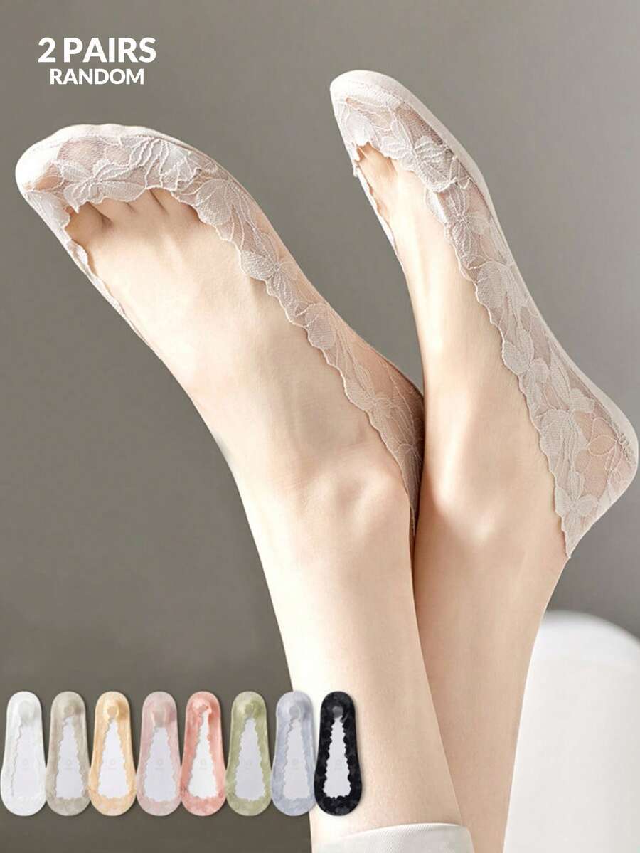 2 Pairs Women's Lace Floral Pattern Breathable Mesh Ankle Socks, Transparent Boat Socks, Comfortable Thin Suitable For High Heels, Spring/Summer Daily Wear, Random Colors - View 1