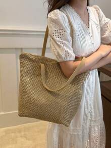 Túi tote bằng rơm dung tích lớn dành cho nữ, túi xách đeo vai mùa hè mới, túi đi biển dệt. - Màu Khaki - Xem 5