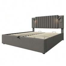 (=AB20149192G) Upholstered Bed 180x200, Double Bed With Storage, Bed Base, Reading Lamp With USB Charging Function, Headboard, Studded Backrest, Slatted Bed Base And Bed Base, Cotton, Grey (Without Mattress) - Grey - View 8
