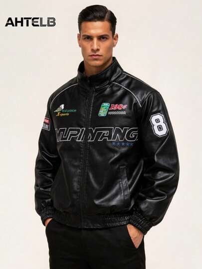  AHTELB Men's Outdoor Stand Collar Motorcycle Jacket, Riding Jacket, Urban Black Jacket, Fashion Leather Jacket, Stylish Printed Design, Racing Style, Suitable For Gatherings And Riding Activities