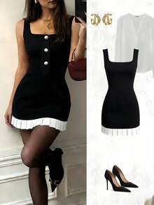 GOODAA  Vestido informal con botones delanteros, tirantes anchos y parchwork en blanco y negro para mujer - Negro - Ver 1