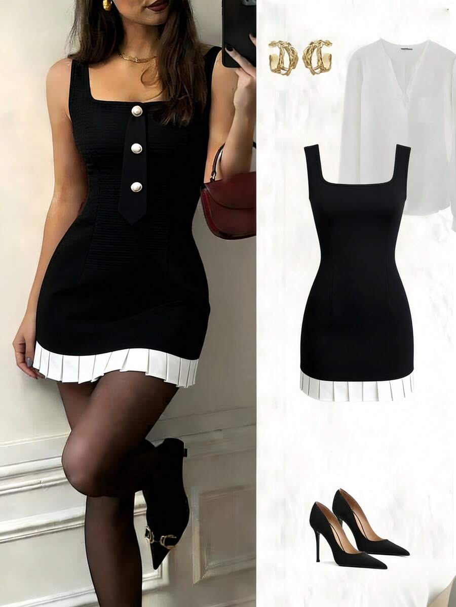 GOODAA  Vestido informal con botones delanteros, tirantes anchos y parchwork en blanco y negro para mujer - Negro - Ver 1