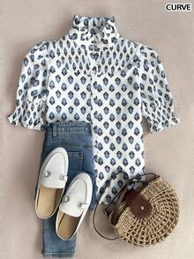 Women's Fashion Casual Shirt, Holiday Inspired Multi-Color Blue Ditsy Floral, Lace Trim Collar & Cuffs, Ruffle Decor, Single-Breasted Front, Short Loose Sleeve, Spring/Summer - Blue and White - View 2