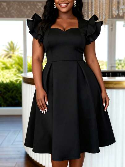 Vestido negro elegante de corte evasé para mujer con puños de manga con volantes y escote en forma de corazón, vestido de noche para cóctel y eventos