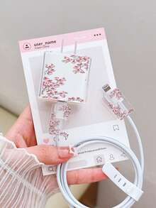 Bộ 4 món ốp bảo vệ sạc và dây cáp trong suốt họa tiết hoa đào tinh tế - dành cho bộ chuyển đổi 20W/18W, nắp đậy đầu sạc, tương thích với iPhone 11/12/13/14/15/16/13 Pro Max/16 Pro Max/17 Pro Max - Trong sáng - Xem 2