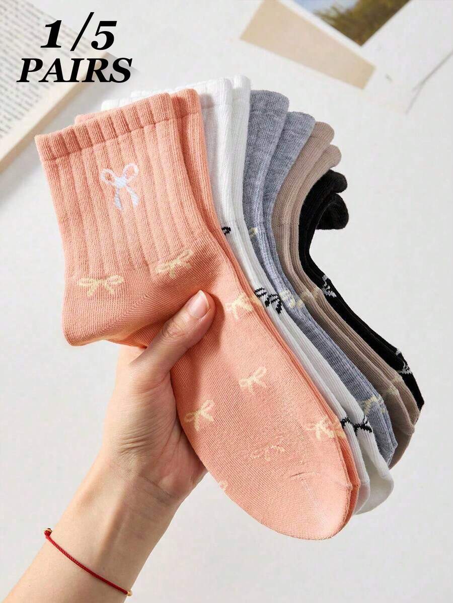 1/5 Pairs Pink & Multi-Color Bow Tie Short Socks, Cute Mid-Calf Socks, Soft & Comfortable, Suitable For Daily Wear, Outdoor Activities, All Seasons Sports, Minimalist & Fun Socks, Holiday Gift, Photo Prop, Pink, Cute - Multicolor - View 1