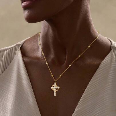 1 pieza Collar con colgante de cruz y corona de acero inoxidable dorado plateado para mujeres
