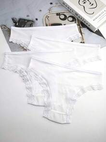 4pcs Women's Lace Trim Soft Ribbed Cotton Panties - White - View 3
