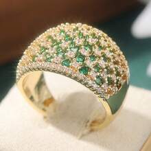 Luxurious Vintage Golden Color Copper Wide-Faced Ring, Green Synthetic Zirconia Inlaid Ring, Elegant And Timeless Ring For Women - Gold - View 7