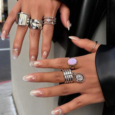 Bộ 6 chiếc nhẫn bạc bản to dành cho nữ, nhẫn bản rộng có thể xếp chồng lên nhau, đính đá opal hồng hình mắt quỷ, trang sức phong cách Y2K cho tiệc tùng và đeo hàng ngày.