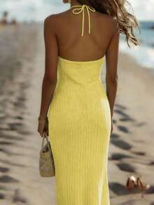 Women's Fashionable Elegant Casual Vacation Solid Color V-Neck Backless Sleeveless Maxi Knit Dress, Suitable For Wedding Guest, Summer Spring - Màu xanh lam - Xem 12