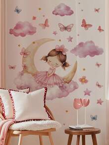 1 Piece Of Cartoon Little Girl Wall Sticker, Self-Adhesive And Removable Princess, Butterfly, Cloud Wall Decals, Moon, Garden, Rainbow, Hot Air Balloon Patterns, Wall Decoration Stickers For Living Room, Bedroom, Kindergarten, And Study - Wall Stickers - View 14
