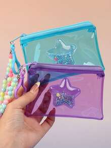 1pc Fashion Transparent PVC Colorful Coin Purse With Star Beaded Chain, Girls' Portable Key And Travel Wallet (Star Beaded Bracelet Color Random) - Multicolor - View 2