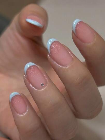24pcs Short Oval Bright Blue French Manicure Nail Stickers Set, With Glitter Nude Pink Base, Paired With Fresh Blue & White French Nail Stickers And Mini Rhinestone Decor. Minimalist Sweet Style Suitable For Daily Commute, Work And Leisure. These Nail Stickers Are Removable And Reusable.