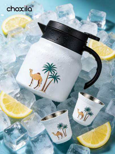 1pc 800ml Thermal Tea Pot, Middle Eastern Style Floral Thermal Tea Pot, Camel Palm Tree Thermal Coffee Pot, Tea Pot, Water Pot; 1pc 80ml Double Wall Thermal Coffee Cup, Middle Eastern Style Tea Cup, Water Cup, Suitable For Home, Cafe, Tea House, Entertaining Guests