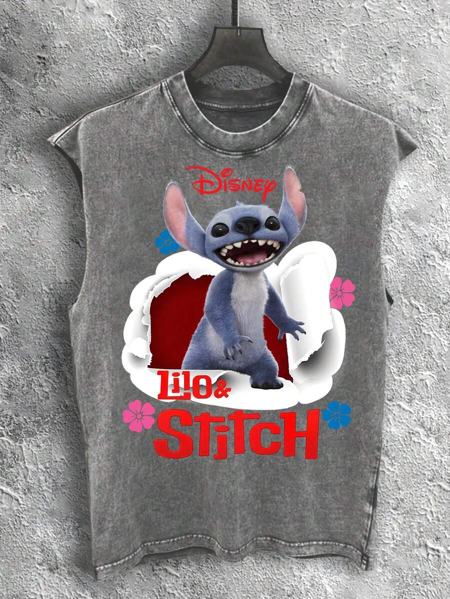 Disney Vintage Washed Lilo & Stitch Paper Tear Effect Print Sleeveless Tank Top - 灰色 - 查看 1