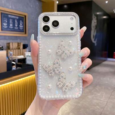 Ốp lưng điện thoại hình bướm ngọc trai 3D sang trọng đính đá lấp lánh, tương thích với iPhone 17 Pro Max, 17 Pro, 17 Air, 17, 16, 15, 14, 13, 12 Pro Max, 11, chống sốc.