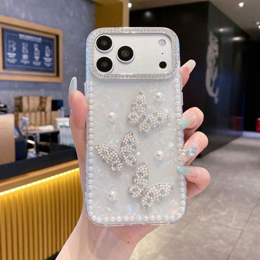 New Luxury Rhinestone Shiny Lens Protector, 3D Cute Pearl Butterfly Phone Case Compatible With IPhone 17 Pro Max, 17 Pro, 17 Air, 17, 16, 15, 14, 13, 12 Pro Max, 11, Shock-Proof Protective Back Cover - White - View 1