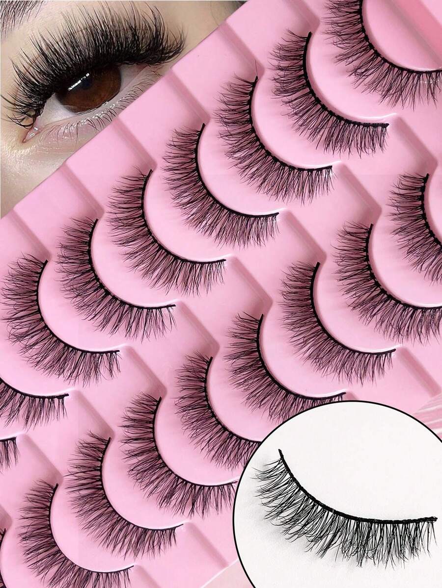10 Pairs Fluffy False Eyelashes, Lightweight & Natural, Transparent Thin Stems, Breathable & Dense, Soft & Curly, Beginner-Friendly Easy To Apply, Presenting 3D Volumized Effect, Suitable For Natural, Dramatic & Daily Makeup, Also Applicable For Cosplay Eyelashes - Black - View 1