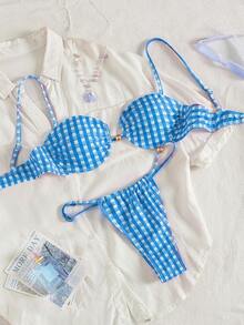 PEPPERMOLLY New Soft Solid Color Adjustable Strap Backless Elegant Party Bikini Set, Summer Beach Fashion Swimwear For Women Vacation - Blue - View 2