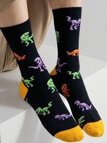 GNIM HL 1 Pair Colorblock Animal Print Men's Mid-Calf Socks, Featuring Dinosaur, Evil Eye, And Sloth Designs - Black - View 5