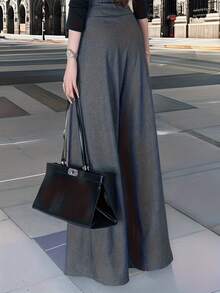 Celana Panjang Formal Wanita Bahan Polyester Berlipit dengan Detail Rantai, Celana Panjang Elegan Tidak Melar untuk Musim Gugur - Grey - View 3