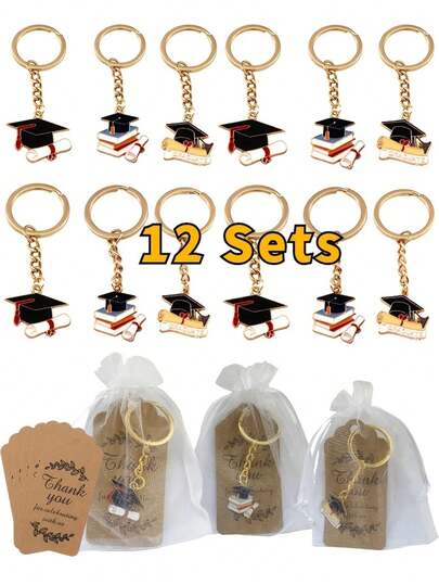 Bộ 12 móc khóa quà tặng tốt nghiệp, làm bằng kim loại và giấy, chủ đề ngày lễ phổ biến, kèm thẻ cảm ơn và túi vải organza, thích hợp làm quà tặng mùa tốt nghiệp, không cần điện.