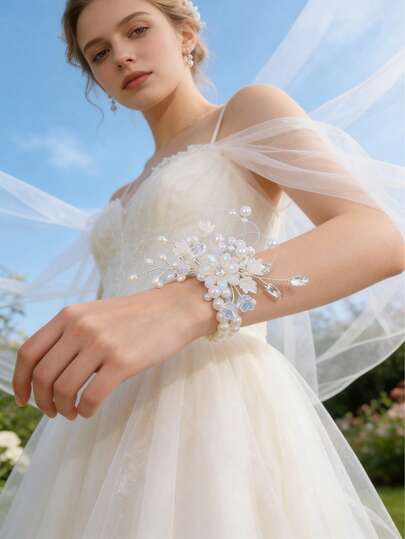 Vòng tay cưới đính ngọc trai trắng thanh lịch, hoa lá, làm thủ công, đính pha lê, thích hợp cho cô dâu, phù dâu, dạ hội, tiệc tối.