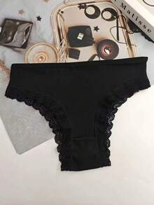 4条装女士黑色蕾丝边柔软弹力T字型三角裤 - 黑色 - 查看 5