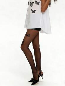 1 chiếc quần tất nữ mỏng in hình bướm, tất gợi cảm, kiểu dáng Y2K, quần tất đen in hình bướm. - màu đen - Xem 3