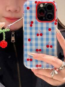 Fashionable Blue Plaid Cherry Pendant Phone Case Suitable For IPhone 17 Pro Max, 17 Pro, 16 Pro Max, 15, 14 Pro, 17 Air, 15 Plus, 13, 12 Pro, 11, Candy Color Protective Cover - Blue Plaid Cherry - View 4
