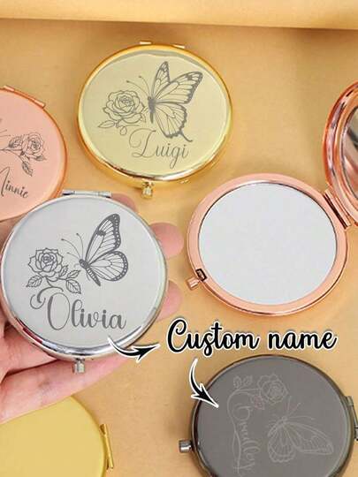 1PC Personalized Custom Floral Butterfly Pattern Small Pocket Makeup Mirror, Portable, Foldable And Reversible Makeup Mirror, Girl Touch-Up Mirror, A Warm Gift For Daughters, Sisters And Best Friends, Stylish, Vintage, Modern, Colorful, Leisure, Basics, Casual, Soft, Unique, Customized, Personalized, Custom, Ideal Gifts For Her, Girlfriend, Her, Boyfriend, Friends,Customized Mirrors,Street Casual Chic,Chic Autumn,Christmas Beauty Accessories,Girly Era