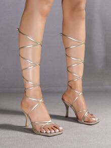 女士金色方头交叉绑带细高跟凉鞋，性感派对时尚简约舒适高跟鞋，增高增腿长 - 金色 - 查看 5