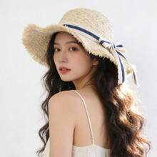 1顶夏季草编遮阳帽，女士宽檐沙滩帽，法式蝴蝶结装饰，防晒美观，适合度假，软帽设计，适合旅行、海滩度假，夏季时尚必备，显脸显瘦，时尚遮阳帽 - 遮陽帽 - 查看 1