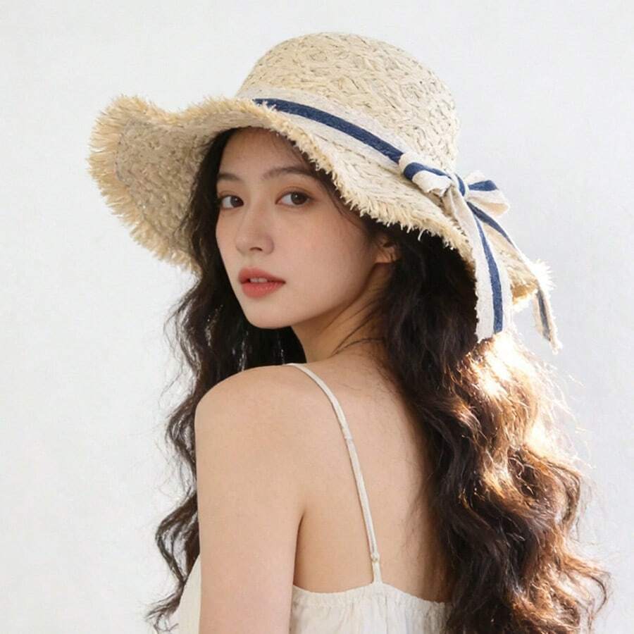 1顶夏季草编遮阳帽,女士宽檐沙滩帽,法式蝴蝶结装饰,防晒美观,适合度假,软帽设计,适合旅行、海滩度假,夏季时尚必备,显脸显瘦,时尚遮阳帽 - 遮陽帽 - 查看 1