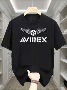 Rock1Pc Men's Casual Polyester T-Shirt With Avirex Wings And Pentagram Print - Round Neck, Short Sleeve, Stretch Knit Fabric, Comfortable Top For Daily Wear And Leisure Outings, Flight T-Shirt - 黑色 - 查看 1