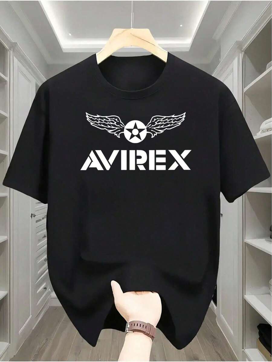 Rock1Pc Men's Casual Polyester T-Shirt With Avirex Wings And Pentagram Print - Round Neck, Short Sleeve, Stretch Knit Fabric, Comfortable Top For Daily Wear And Leisure Outings, Flight T-Shirt - 黑色 - 查看 1